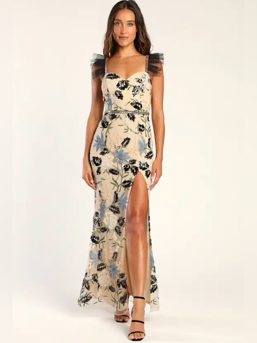 Lulus Show Stopper Cream Embroidered Sequin Bodycon Maxi Dress
